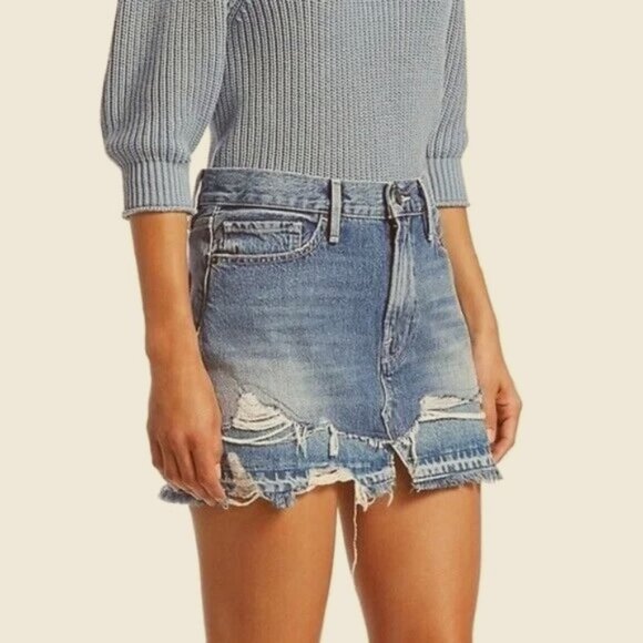 NWT FRAME Alameda Le Mini Jean Skirt Distressed Split Release Hem XS MSRP $195 - Picture 1 of 5